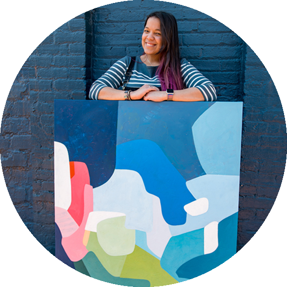 Abstract Artist Adriana Ameigh displaying a colorful and uplifting original painting